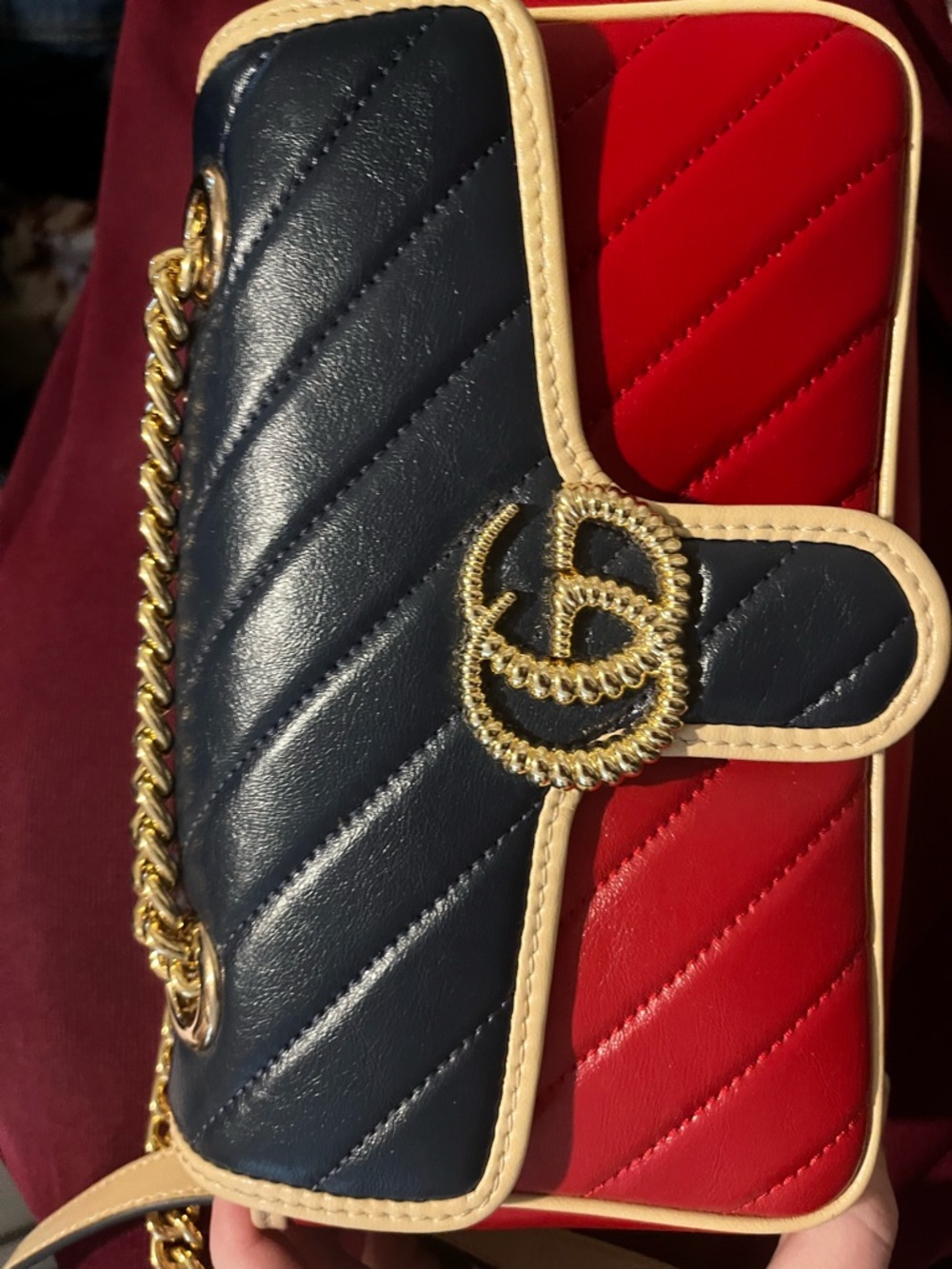 Gucci Navy and Red Quilted Crossbody with Cream Trim